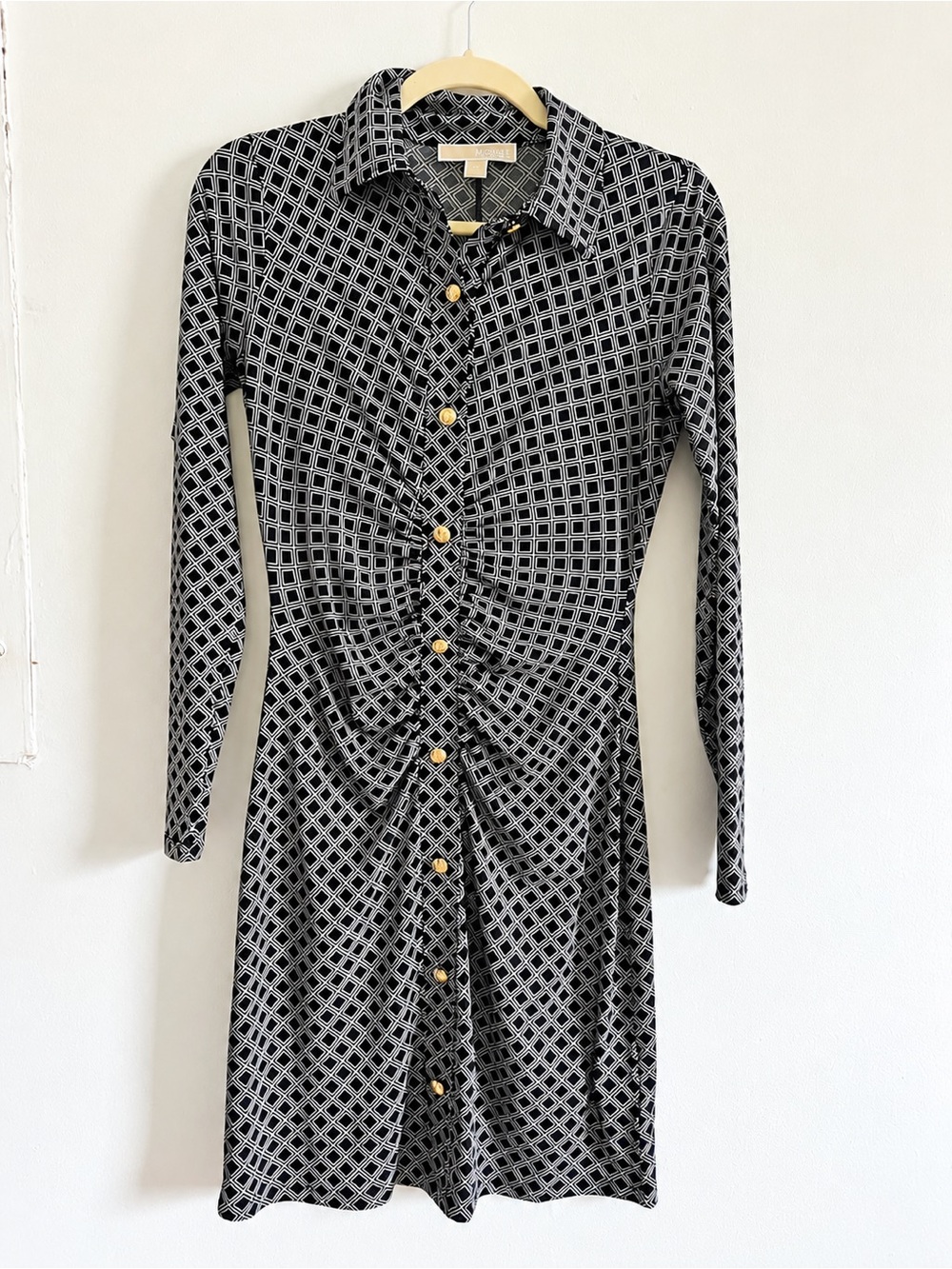Michael Kors Black & White Geometric Long Sleeve Shirt Dress XS